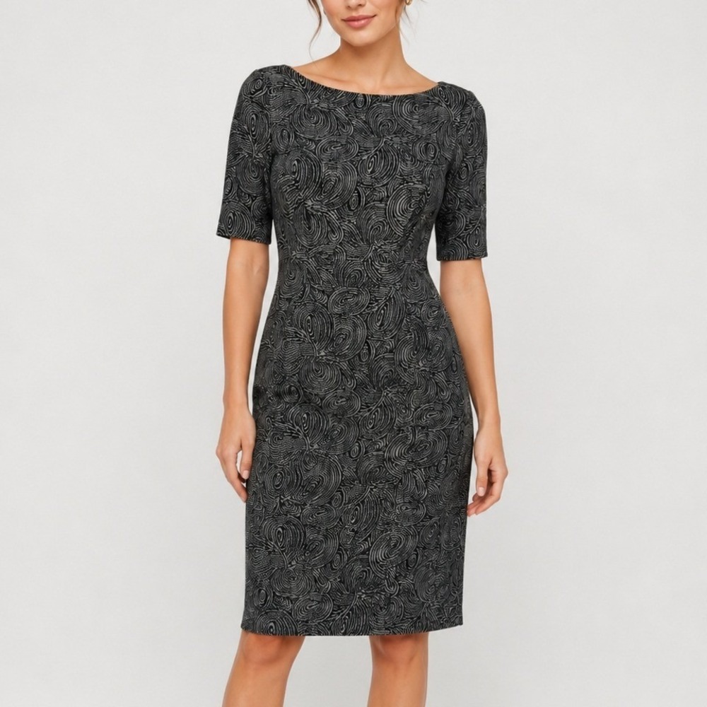 Lela Rose Sheath Dress 8 Black‎ Geometric Swirl Jacquard Textured Knee Length